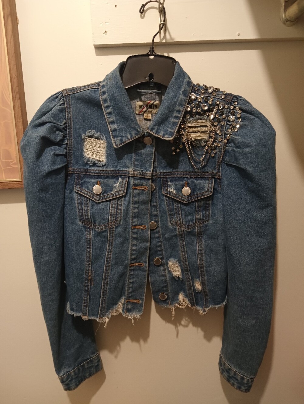 Distressed Blue Denim Jacket with Crystal Embellishments